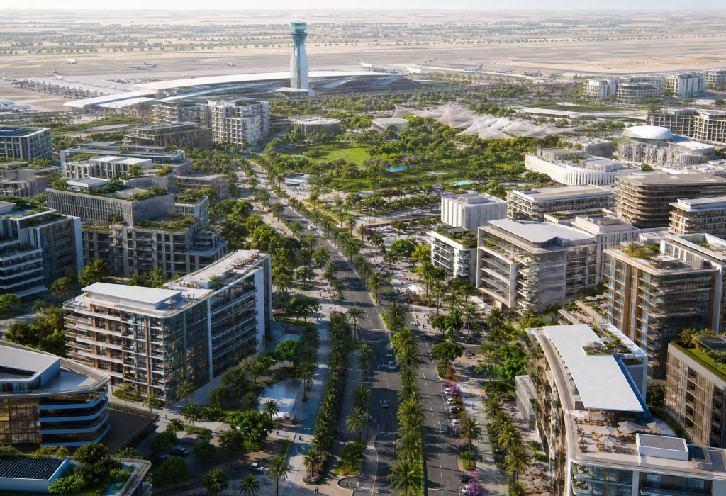 Dubai South master community with modern residential buildings near Al Maktoum International Airport in Dubai.